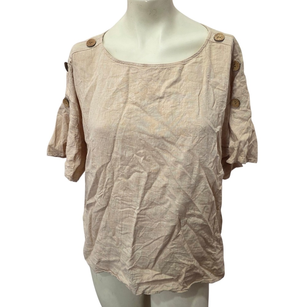 Soft Surroundings Plus Linen Blend Button Sleeve Tunic Top Beige PL‎